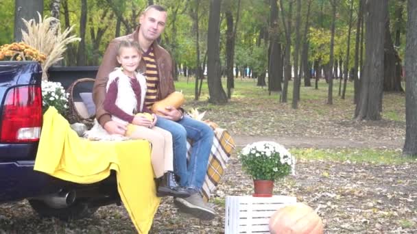 Slow Motion Happy Family Sitting Outdoor Halloween — Stock video
