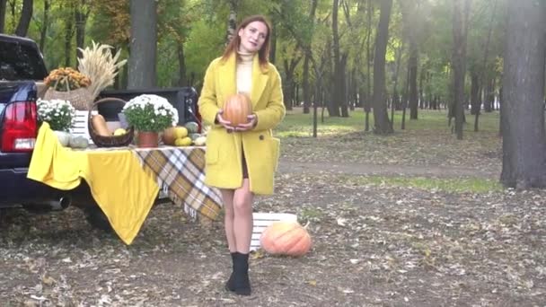 Woman Celebrating Halloween Car Trunk — Video Stock