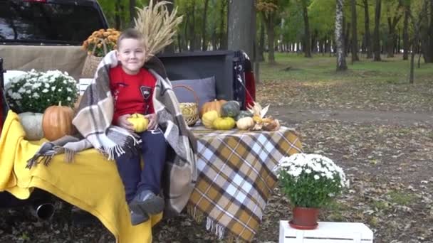 Slow Motion Child Boy Celebrating Halloween Trunk Car — Video Stock