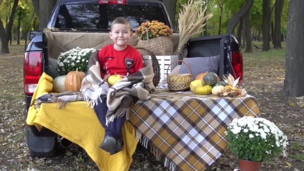 Kid Red Carved Pumpkin Celebrating Traditional October Holiday Outdoor — Stock video