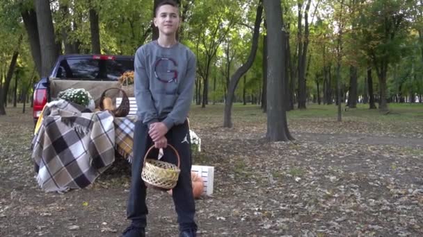 Slow Motion Child Boy Celebrating Halloween Trunk Car — Video