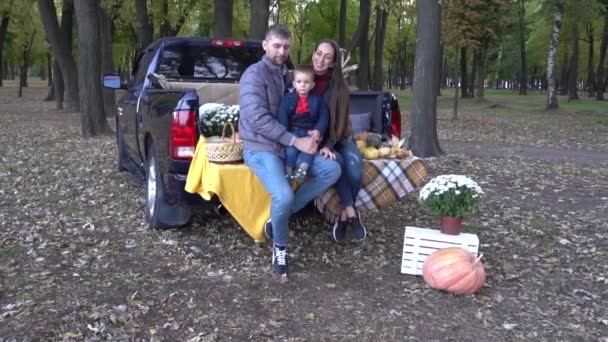 Slow Motion Happy Family Sitting Outdoor Halloween — Stok video