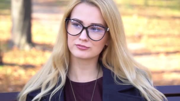 Slow Motion Young Girl Smiling Autumn Scenery Beautiful Woman Glasses — Stockvideo