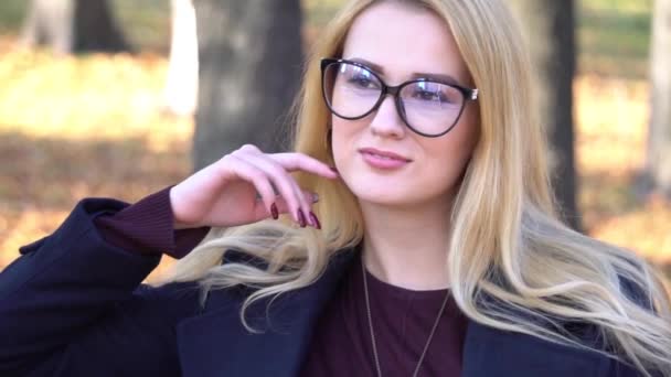 Slow Motion Young Natural Beauty Woman Long Blonde Hair Eyeglasses — Wideo stockowe