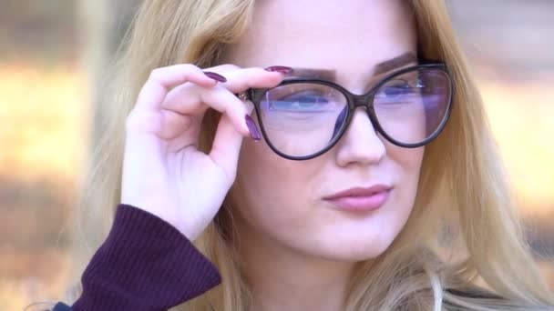 Slow Motion Young Student Girl Glasses Portrait — Stock Video