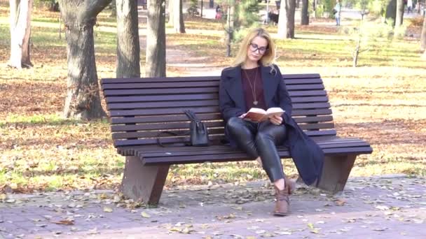Young Girl Sitting Park Bench Reading Book Beautiful Autumn Day — Video Stock