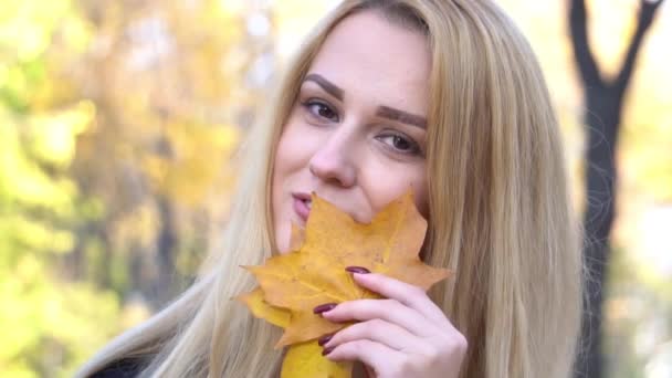 Slow Motion Young Girl Holding Fallen Yellow Leaf — 비디오