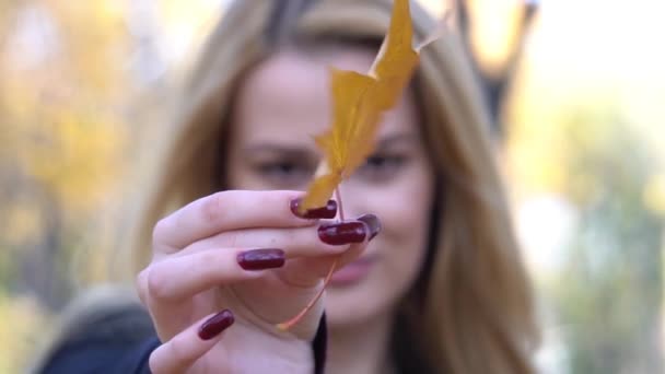 Slow Motion Woman Trzymająca Ręku Jesienny Żółty Liść Dziewczyna Zamknięty — Wideo stockowe