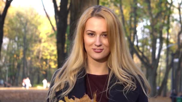 Slow Motion Autumn Woman Leafs Background — Video