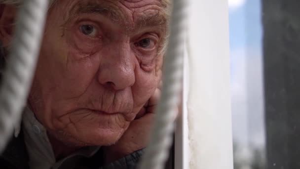 Slow Motion Sad Thoughtful Old Man Pensive Elderly Man Portrait — Stock Video