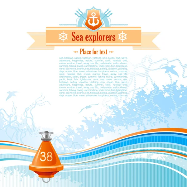 Sea background in blue colors with net, foam, and seagulls and buoy. — Stock Vector