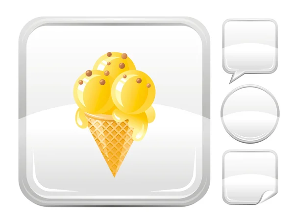Postres icono de la comida con cono de helado de vainilla y otras formas de botón en blanco — Vector de stock