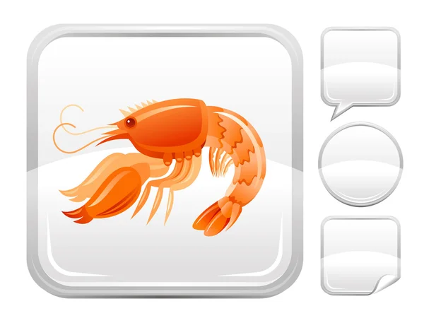Praia do mar e ícone de viagem com frutos do mar de camarão no fundo quadrado e outras formas de botão em branco - falando bolha, círculo, adesivo —  Vetores de Stock