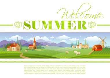 Idyllic farming landscape flayer design with text logo Welcome Summer and fields background in green. Villa houses, chirch, barn, mill, ships and country roads. Four seasons year calendar collection. clipart