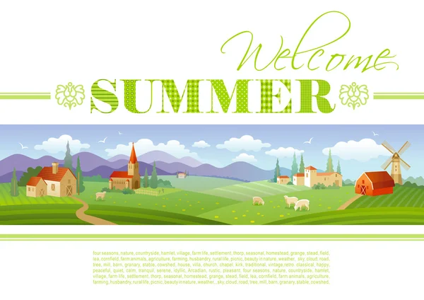 Idyllic farming landscape flayer design with text logo Welcome Summer and fields background in green. Villa houses, chirch, barn, mill, ships and country roads. Four seasons year calendar collection. — Stock Vector