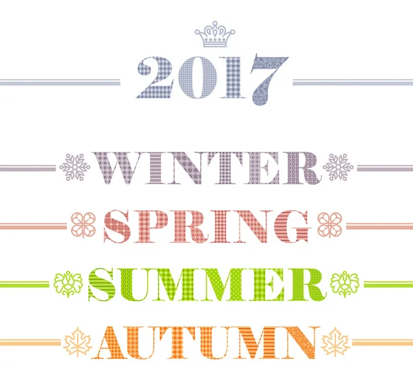 Ορίστε το ειδυλλιακό τέσσερις εποχές κείμενο λογότυπο. Χειμώνα, άνοιξη, καλοκαίρι, φθινόπωρο. Συλλογή ημερολογιακό έτος με νιφάδα χιονιού, τριφύλλι φύλλων, λουλούδι και maple leaf εικονίδια. — Διανυσματικό Αρχείο