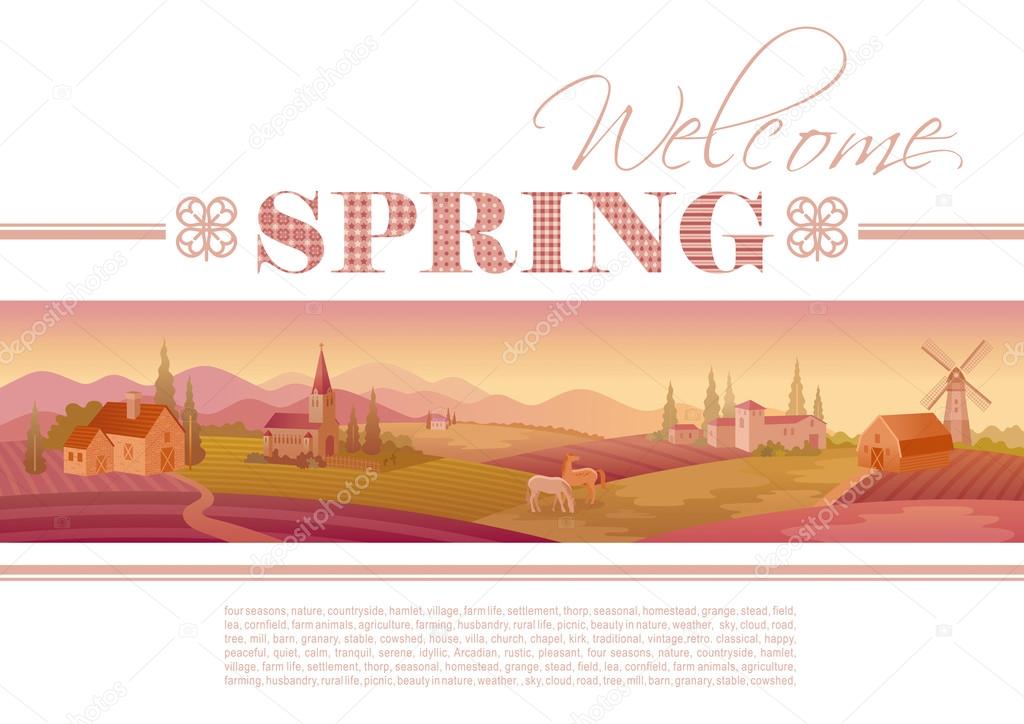 Idyllic farming landscape flayer design with text logo Welcome Spring and fields background in pink color. Villa houses, chirch, barn, mill, horses and country roads. Four seasons calendar collection.