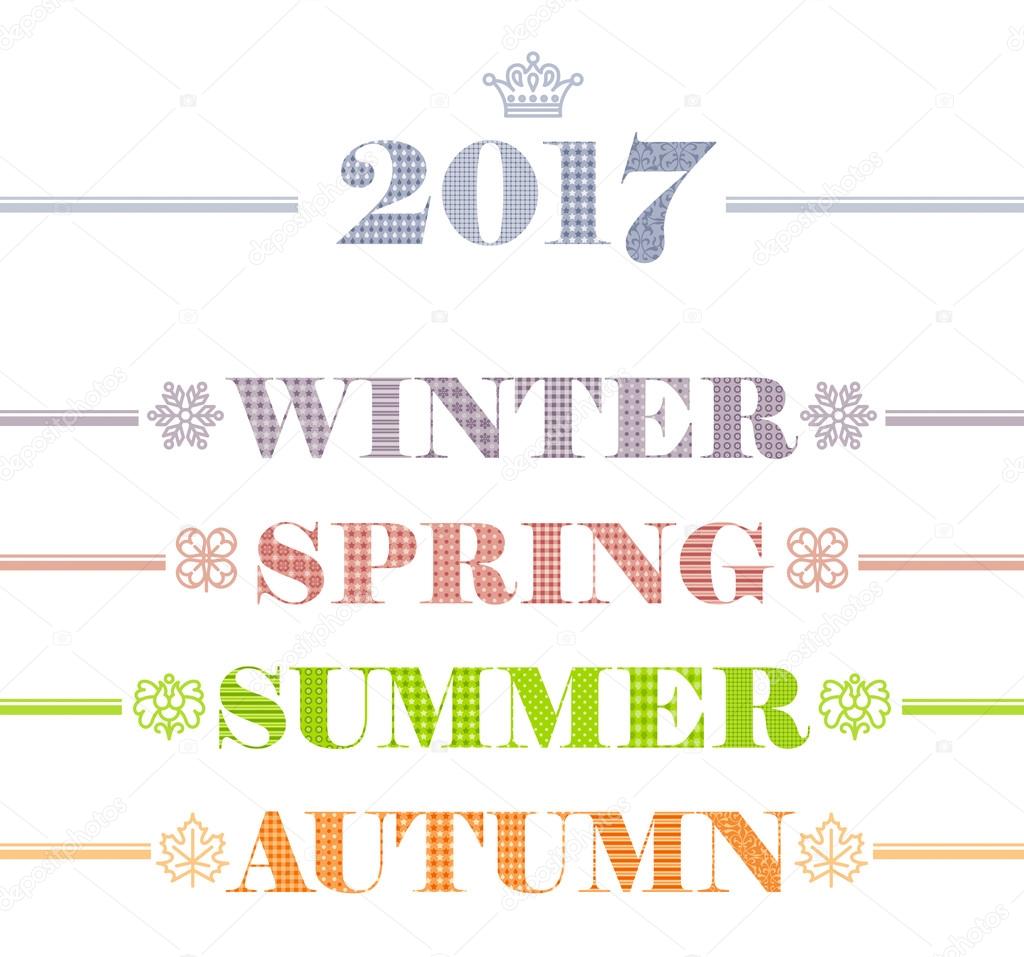 Idyllic four seasons text logo set. Winter, Spring, Summer, Autumn. Year calendar collection with snowflake, clover leaf, flower and maple leaf icons.