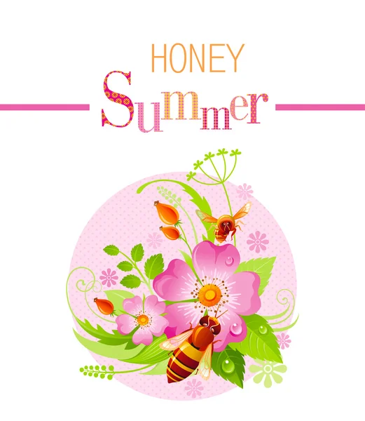 Summer icon with nature elements - wild rose flower, green grass, leafs, bees on pink background — Stock Vector