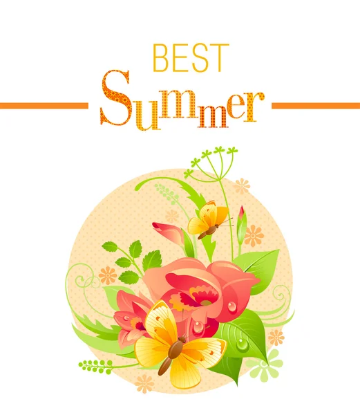 Letní ikona s prvky přírody-Gladiolus květ, zelená tráva, listí, motýl na oranžovém pozadí — Stockový vektor