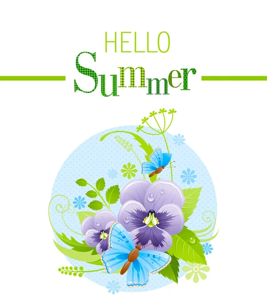 Ícone de verão com elementos da natureza - flor de viola, grama verde, folhas, borboleta no fundo azul — Vetor de Stock