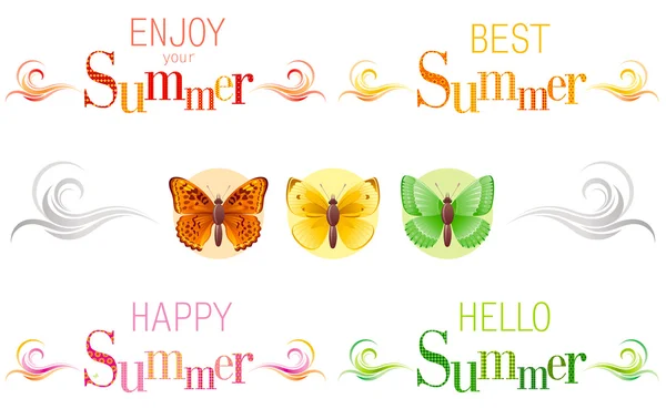 Letní nápisy s textem, víly a ikonami motýlů — Stockový vektor