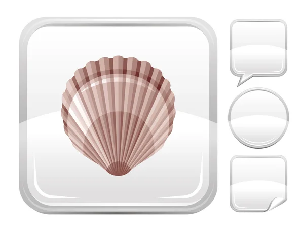 Meer Sommer Strand und Reise-Symbol mit Scaloop-Tasche auf quadratischem Hintergrund und anderen leeren Knopfformularen - Sprechblase, Kreis, Aufkleber — Stockvektor