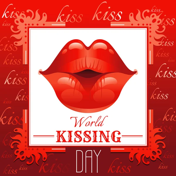 Sexy besar labios de mujer con lápiz labial rojo sobre fondo rojo. Icono con texto y marco vintage para el diseño de tarjetas de felicitación. Hermoso primer plano beso vector ilustración — Archivo Imágenes Vectoriales