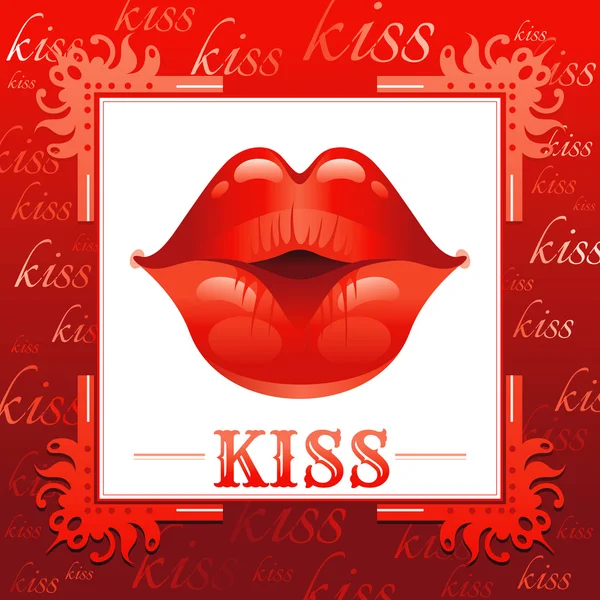 Sexy besar labios de mujer con lápiz labial rojo sobre fondo rojo. Icono con texto y marco vintage para el diseño de tarjetas de felicitación. Hermoso primer plano beso vector ilustración — Archivo Imágenes Vectoriales