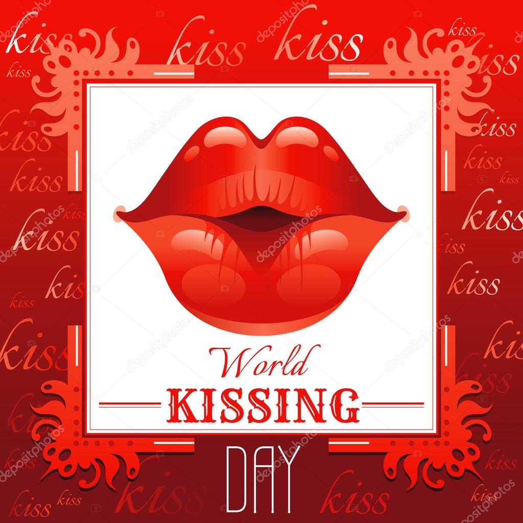 Sexy kissing woman lips with red lipstick on red background. Icon with text and vintage frame for greeting card design. Beautiful close up kiss vector illustration