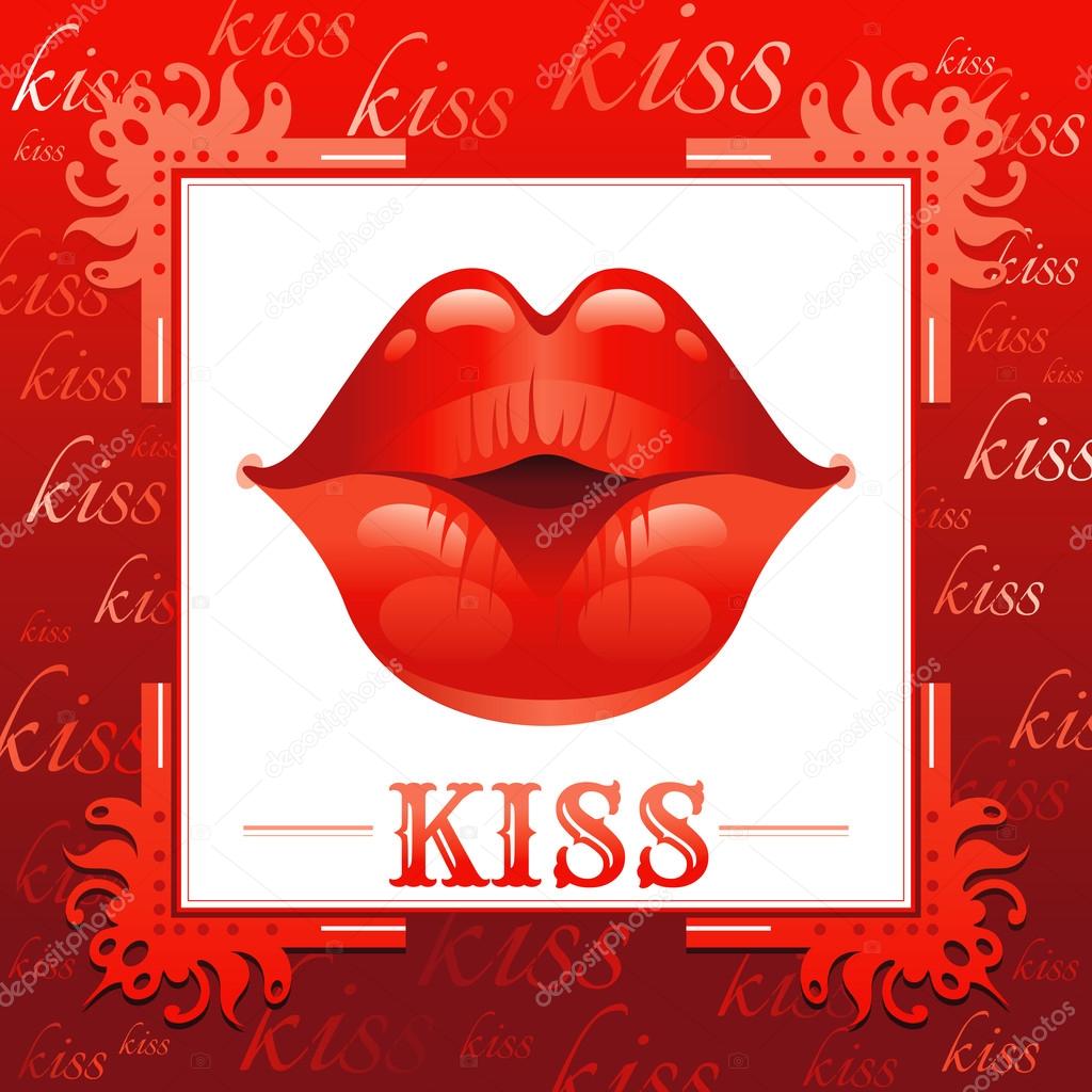 Sexy kissing woman lips with red lipstick on red background. Icon with text and vintage frame for greeting card design. Beautiful close up kiss vector illustration