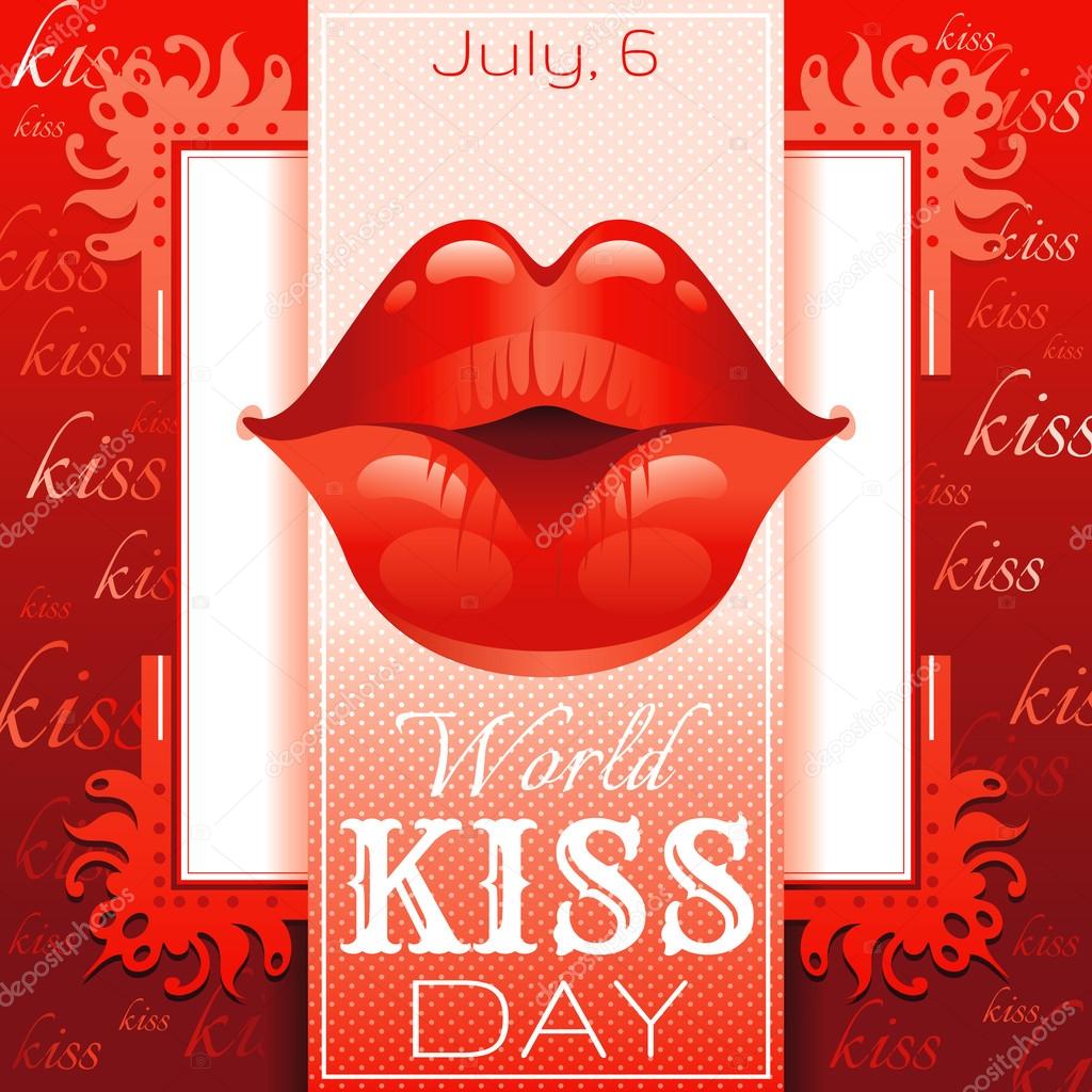 Sexy kissing woman lips with red lipstick on red background. Icon with text and vintage frame for greeting card design. Beautiful close up kiss vector illustration
