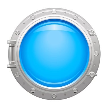 Porthole icon with silver metalic porthole and blue water in glass clipart