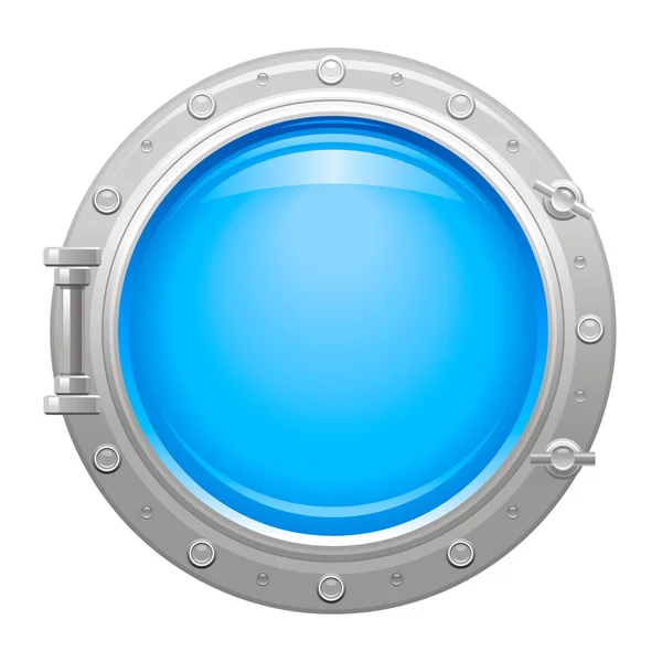 Icono de ojo de buey con agujero metálico plateado y agua azul en vidrio — Vector de stock