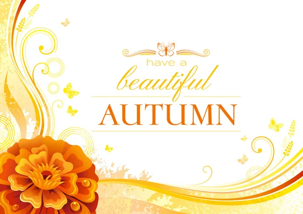 秋天的背景与金黄色的花，落叶，蝴蝶，抽象波浪线，漩涡，粗放图案，文本复制空间。优雅的现代季节性矢量图. — 图库矢量图片