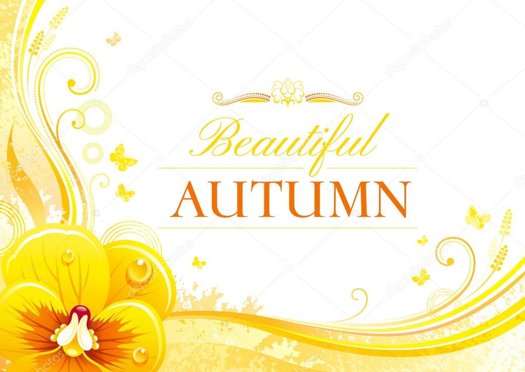 Autumn background with pansies flower, falling leaves, butterflies, abstract wave lines, swirls, grunge pattern, copy space for text. Elegant modern seasonal vector illustration.