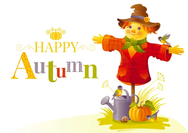 Autumn scarecrow vector illustration on white background with gardening elements - beautiful fall pumpkin vegetable, watering can, tit birds, snail. Seasonal natural concept template, text lettering — Vector de stock