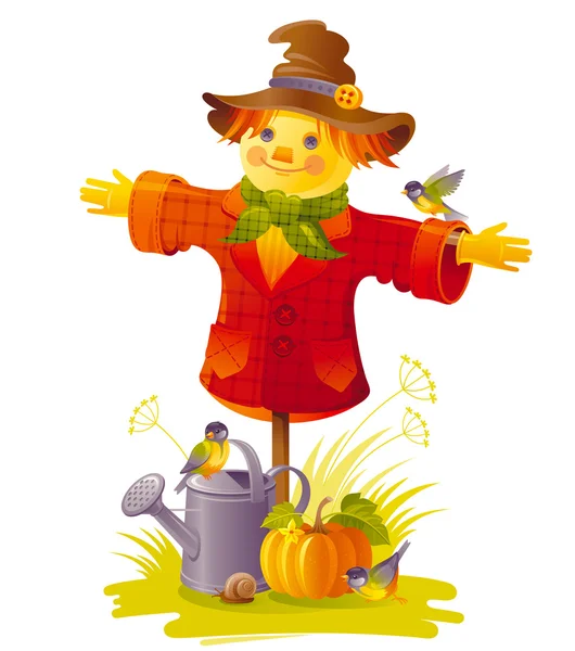 Autumn scarecrow vector illustration on white background with gardening elements - beautiful fall pumpkin vegetable, watering can, tit birds, snail. Seasonal natural concept template, text lettering — Wektor stockowy