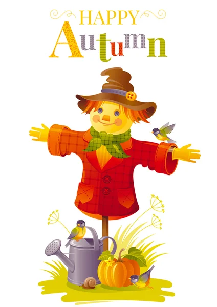 Autumn scarecrow vector illustration on white background with gardening elements - beautiful fall pumpkin vegetable, watering can, tit birds, snail. Seasonal natural concept template, text lettering Ilustracja Stockowa