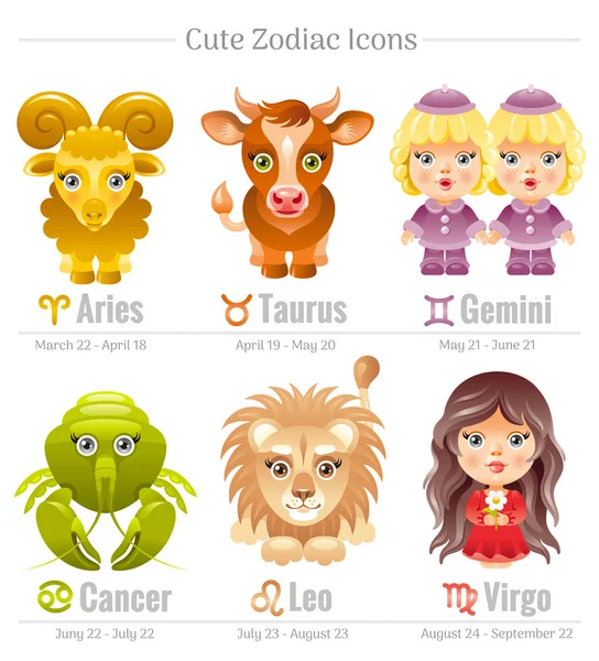 Zodiac astrological signs icon set. Cute cartoon characters. Abstract template Aries, Leo, Taurus, Virgo, Gemini, Cancer, vector icons. Horoscope modern illustration. Isolated on white background. — Stock Vector