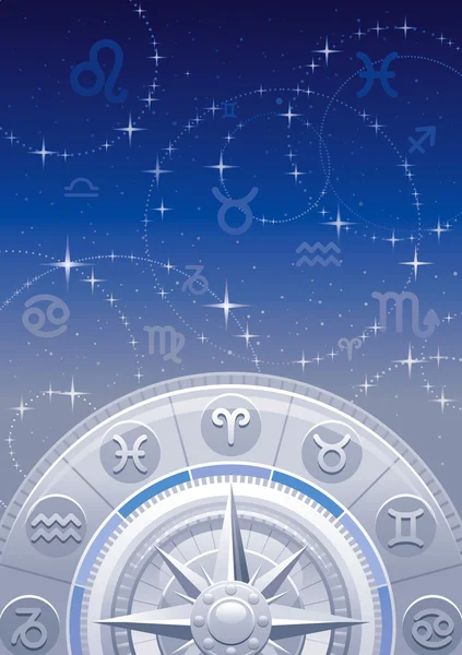 Zodiac hjulet vektorillustration, natt himmel bakgrund, astrologi horoskop tecken. Väduren, Lejonet, skytten, Taurus, Jungfrun, Stenbocken, Tvillingarna, vågen, Vattumannen, Cancer, Scorpio, Fiskarna horoskop ikoner Vektorgrafik