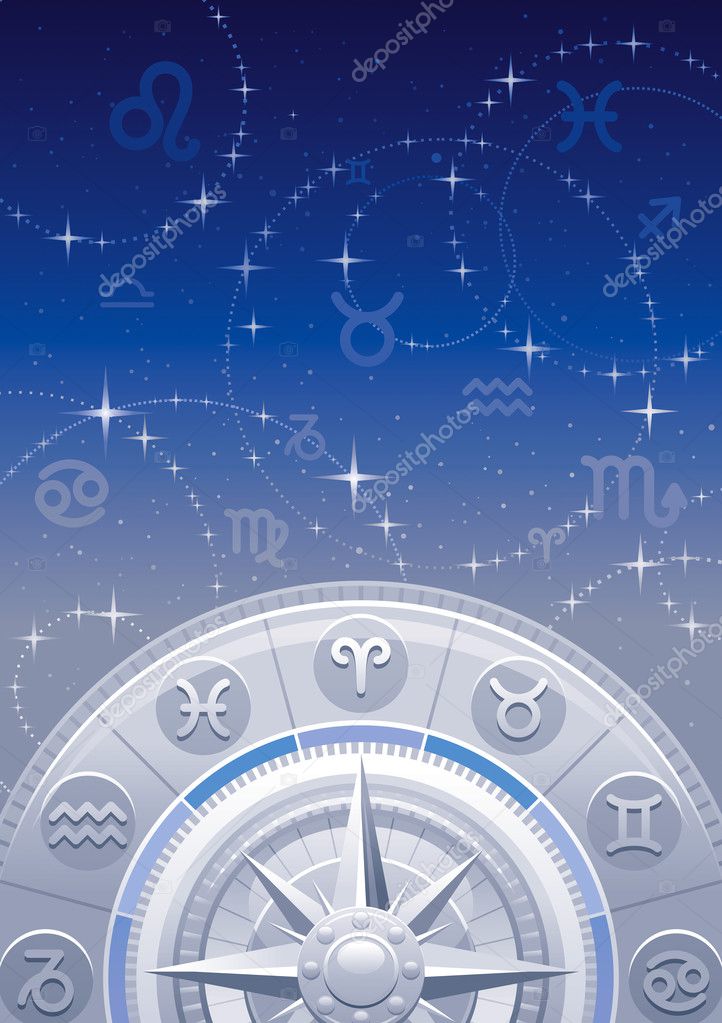 Zodiac wheel vector illustration, night sky background, astrology horoscope signs. Aries, Leo, Sagittarius, Taurus, Virgo, Capricorn, Gemini, Libra, Aquarius, Cancer, Scorpio, Pisces horoscopes icons