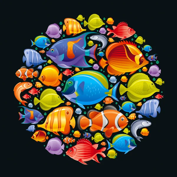 Conjunto de ícones de viagens do mar. nderwater mergulho animais - peixes tropicais. Vector ilustração abstrata oceano templte. Estilo moderno elegante, preto de fundo. Anjo, cirurgião, borboleta, mais ícones de peixes marinhos —  Vetores de Stock