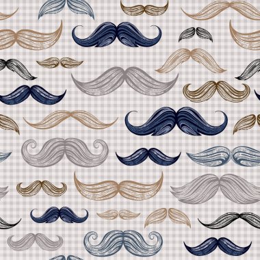 Vintage moustaches seamless hand drawn pattern. Retro classic french, british face style texture background. Line sketch, hipster element. Wallpaper, wrapping paper, fabric print vector illustration