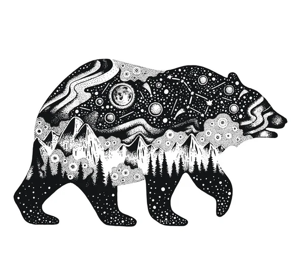 Bear Silhouette Shirt Print Temporary Tattoo Hand Drawn Surreal Design — Archivo Imágenes Vectoriales
