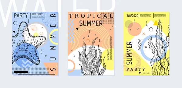 Summer Party Poster Set Geometric Memphis Style Cool Trendy Flyer — Stockový vektor