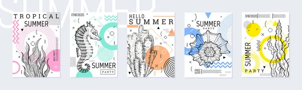 Summer Party Poster Set Geometric Memphis Style Cool Trendy Flyer — Vetor de Stock