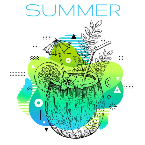 Hello Summer Memphis Poster Hand Drawn Coconut Trendy Line Art — Stockový vektor
