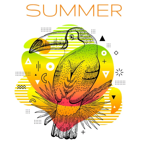 Hello Summer Poster Hand Drawn Toucan Bird Trendy Line Art — Stock Vector