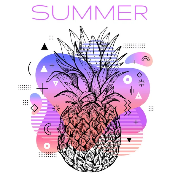 Hello Summer Poster Hand Drawn Pineapple Trendy Line Art Concept — Stock Vector